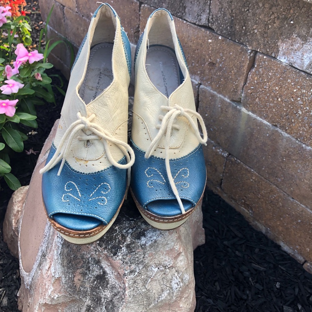 Anthropologie Blue and Cream Platform Shoes - Picture 3 of 5